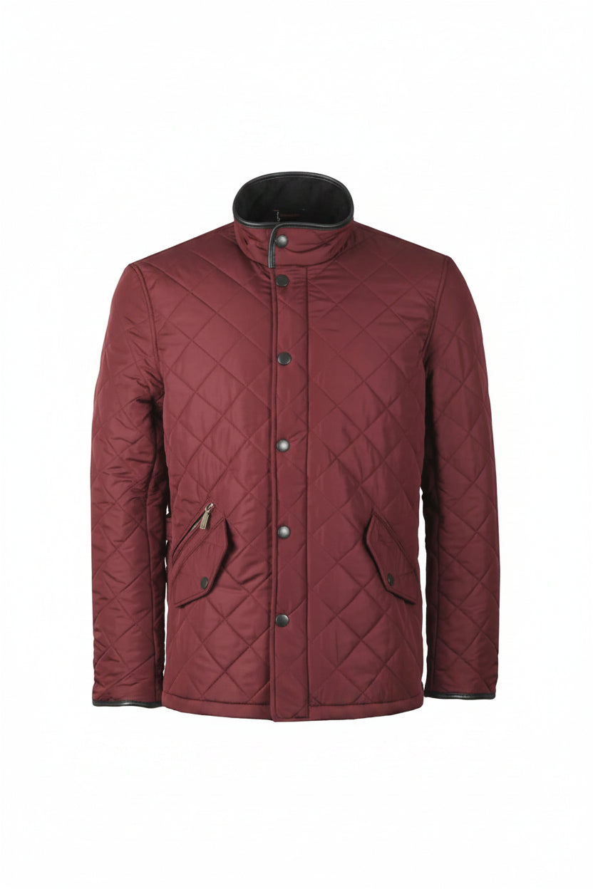 Burgundy quilted jacket with stand collar, button front, and side pockets