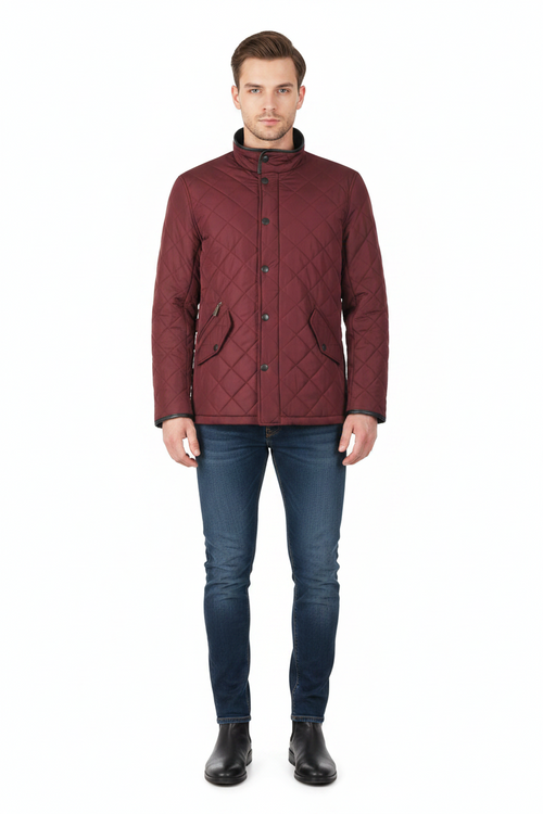 Burgundy quilted jacket with stand collar, button front, and zip pocket detail