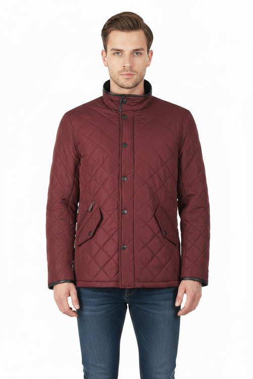 Burgundy quilted jacket with stand collar, button front, and zip pocket on sleeve