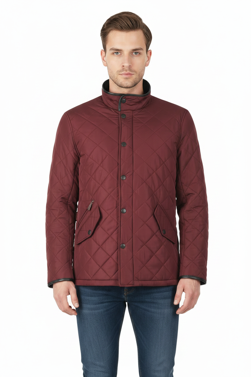 Burgundy quilted jacket with stand collar, button front, and zip pocket on sleeve