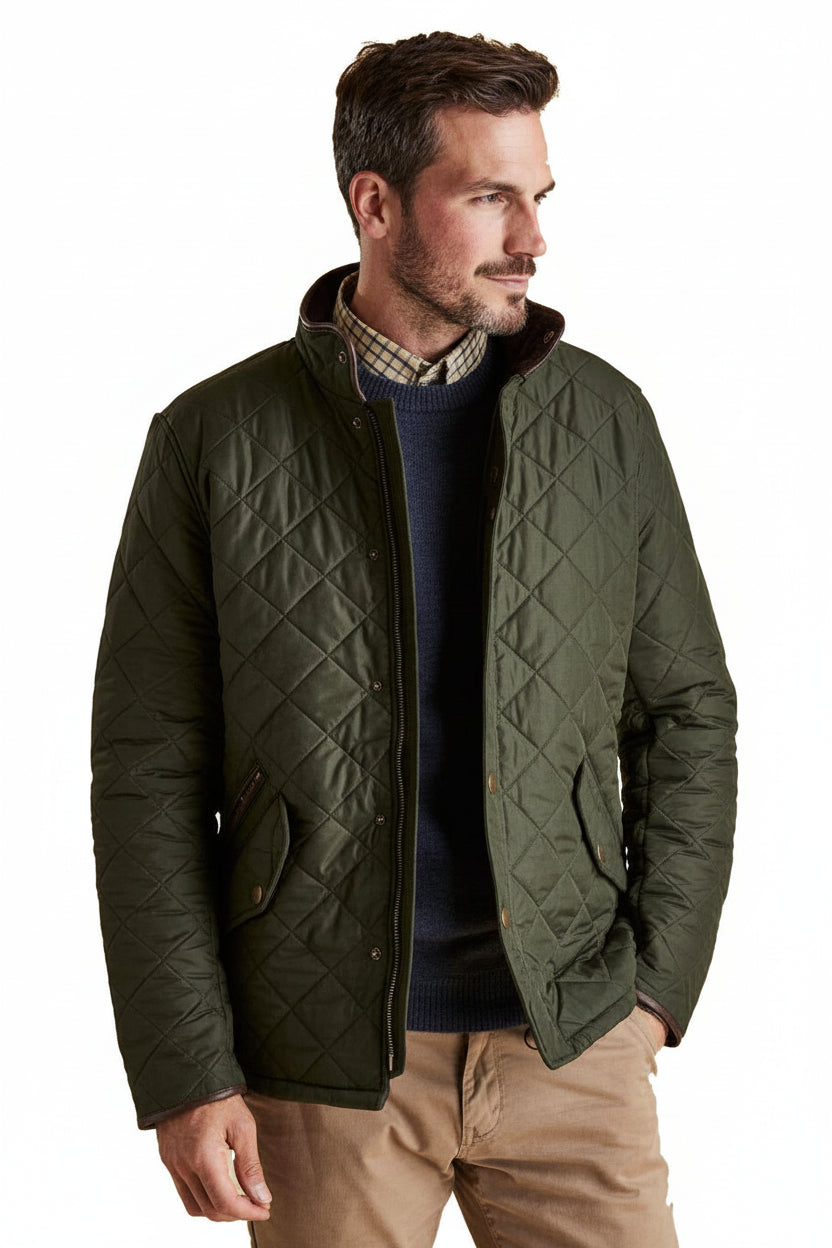 Men's Barbour quilted jacket, sage green, full-zip front with stand collar