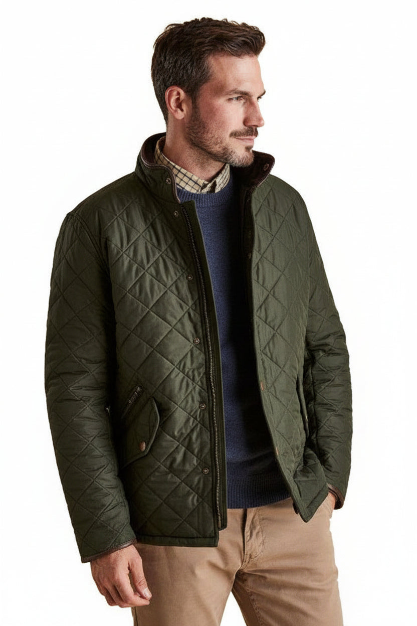 Men's Barbour quilted jacket, sage green, zip front and patch pockets