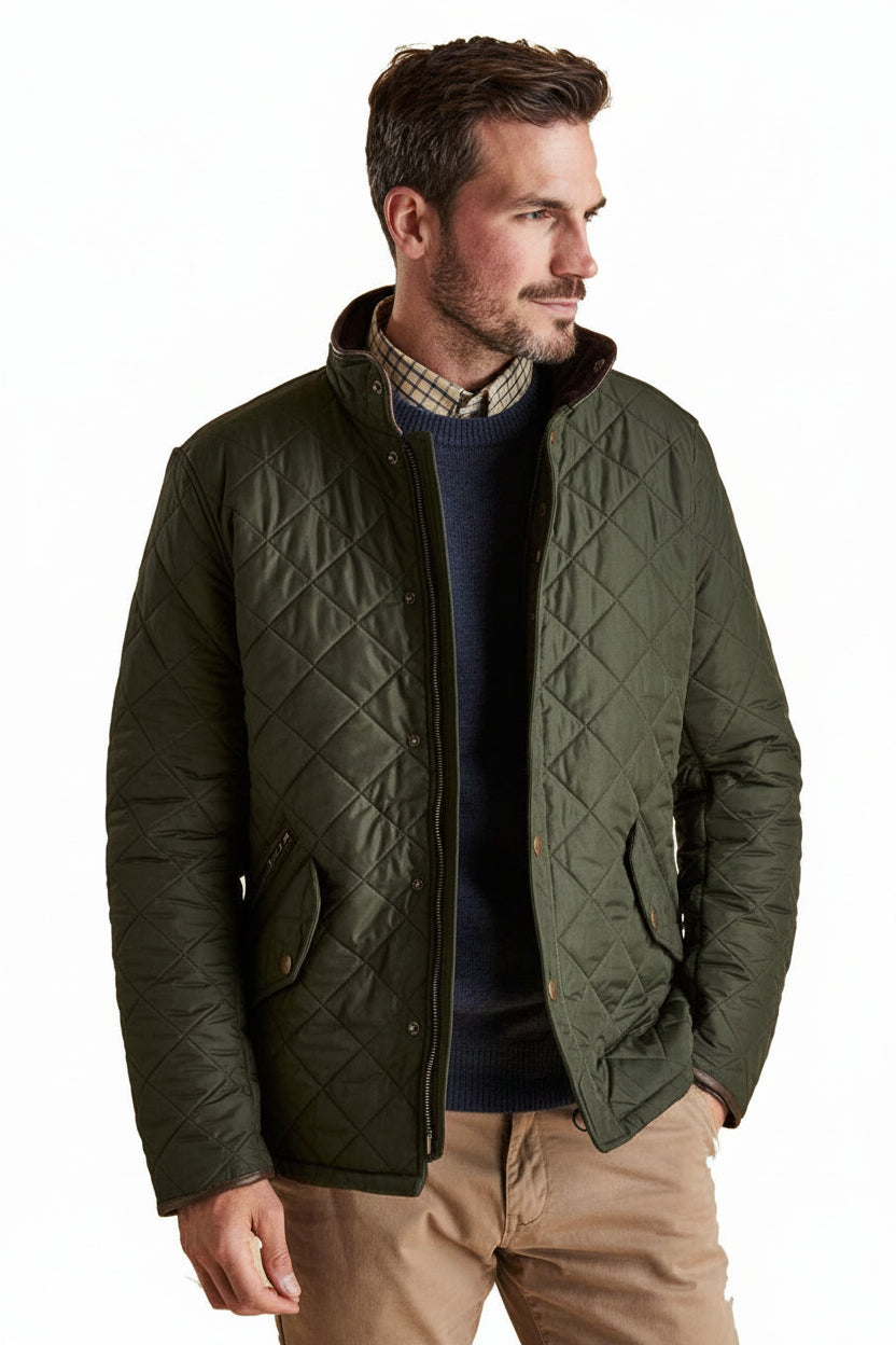 Men's Barbour quilted jacket, sage green, diamond pattern with zip front