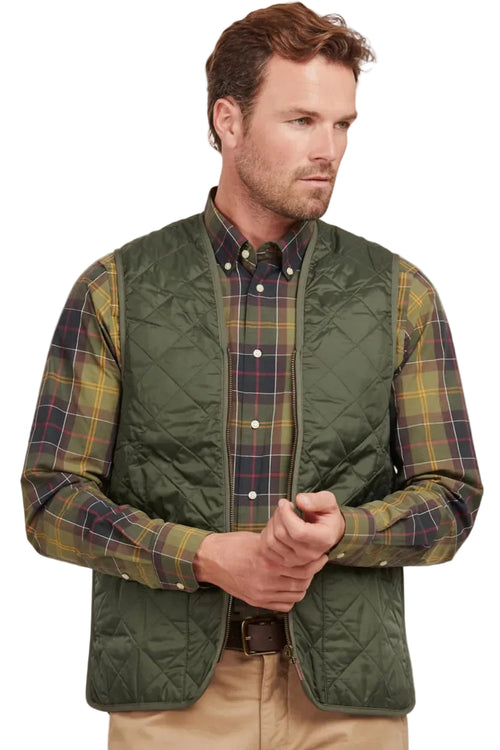 Olive quilted zip-in liner vest with Barbour neck label and zip front.