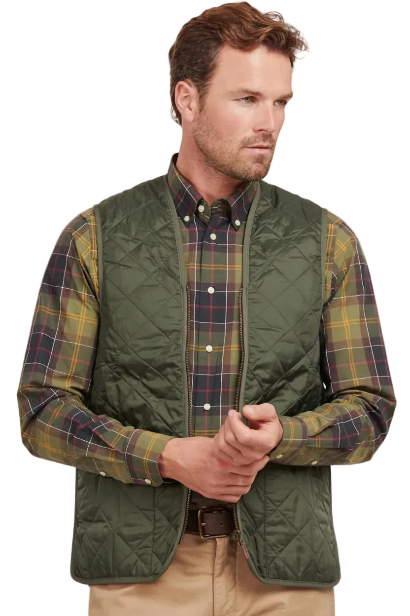 Olive quilted zip-in liner vest with Barbour neck label and zip front.