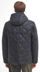 Black quilted jacket back view with hood and diamond quilt stitching