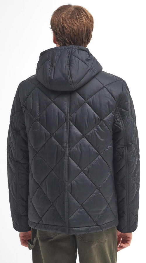 Black quilted jacket back view with hood and diamond quilt stitching