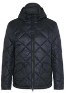 Black quilted hooded jacket with full-length zipper and two side pockets