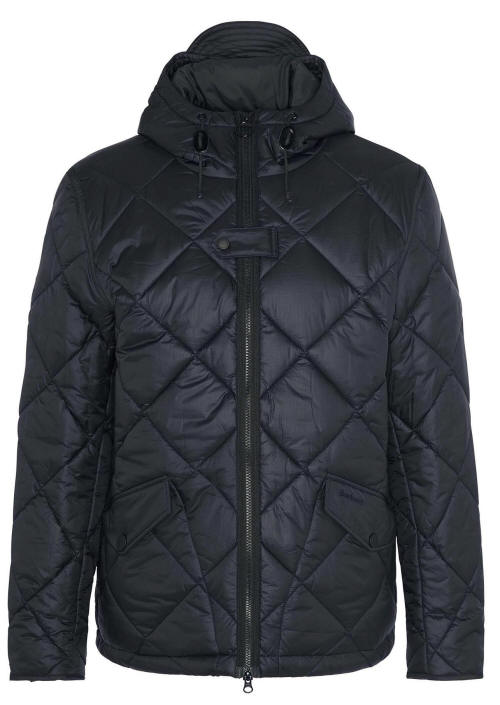Black quilted hooded jacket with full-length zipper and two side pockets
