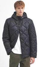 Black quilted hooded jacket with front zipper and snap belt detail