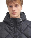 Men's black quilted jacket with hood, front zipper and snap waist tab