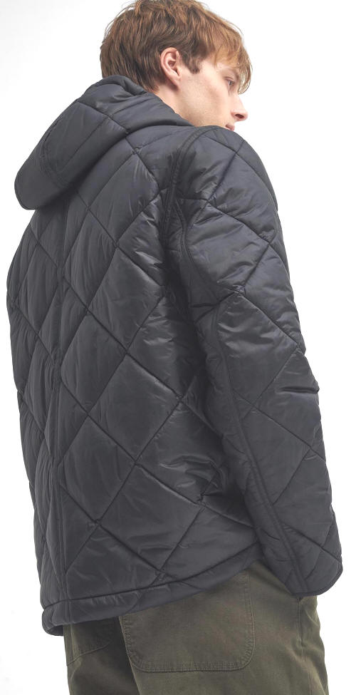 Black quilted jacket side view with hood and diamond stitch pattern