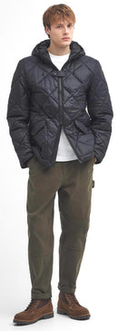 Men's black quilted hooded jacket with front zipper, full body view