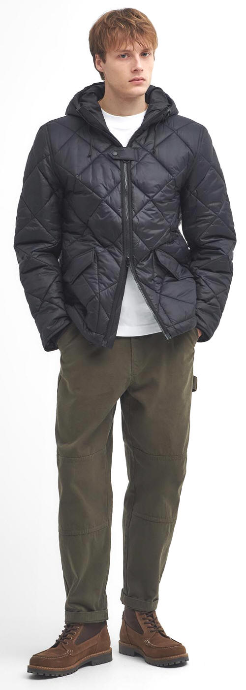 Men's black quilted hooded jacket with front zipper, full body view