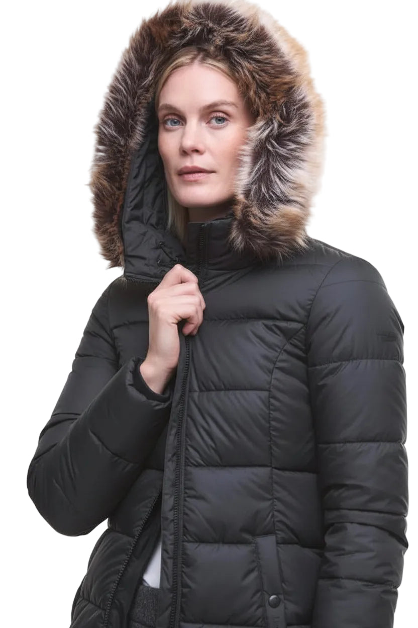 Black quilted hooded jacket with faux fur hood trim and front zip closure