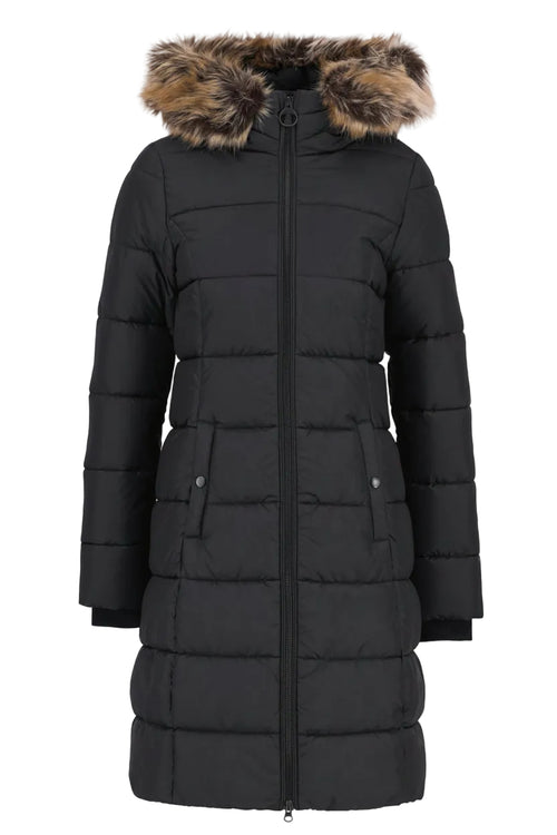 Black long quilted jacket with faux fur trimmed hood, center zip, and side pockets