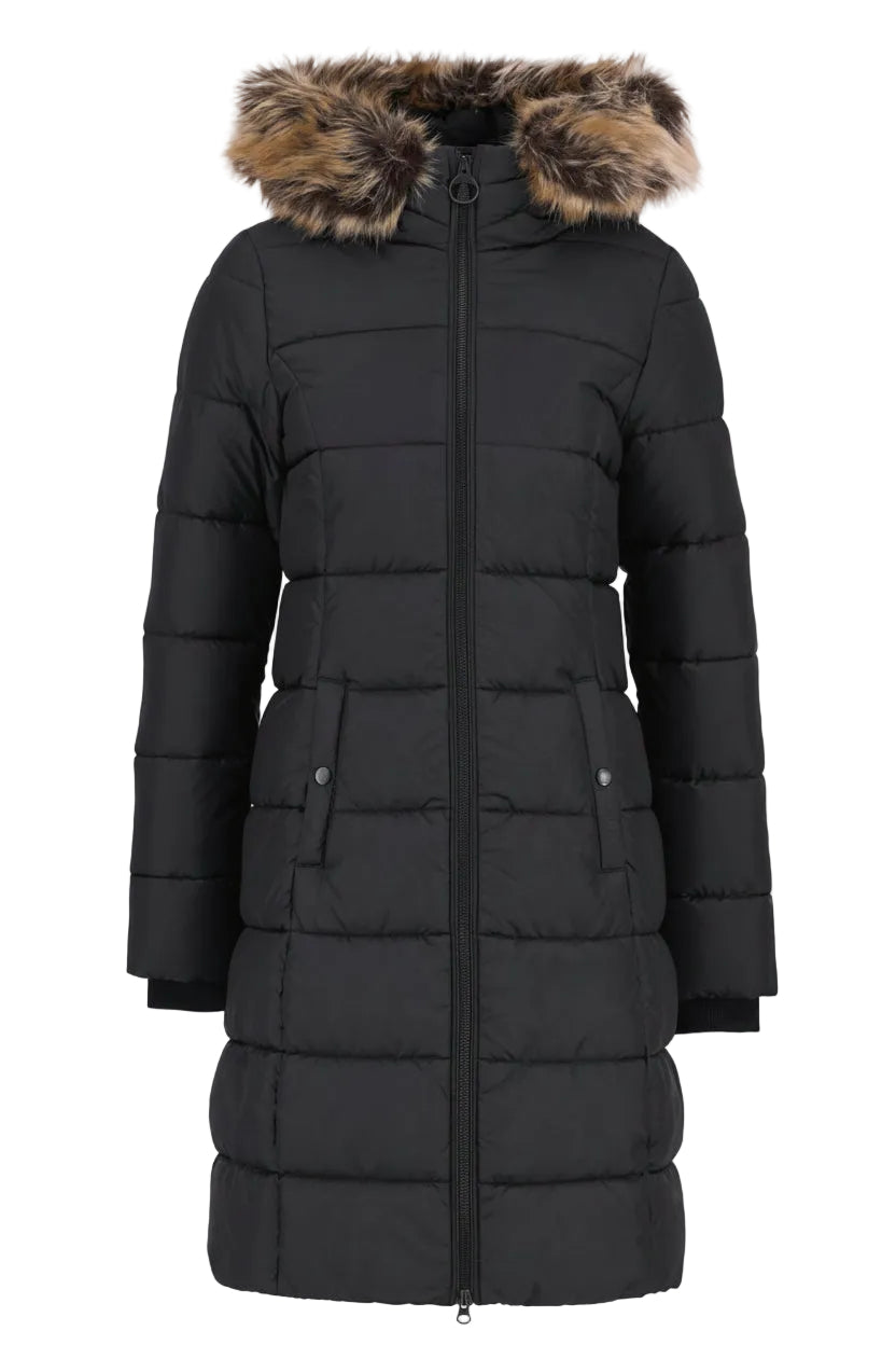 Black long quilted jacket with faux fur trimmed hood, center zip, and side pockets