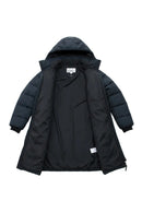 Black quilted hooded jacket with full zip, long sleeves, and snap button side pockets