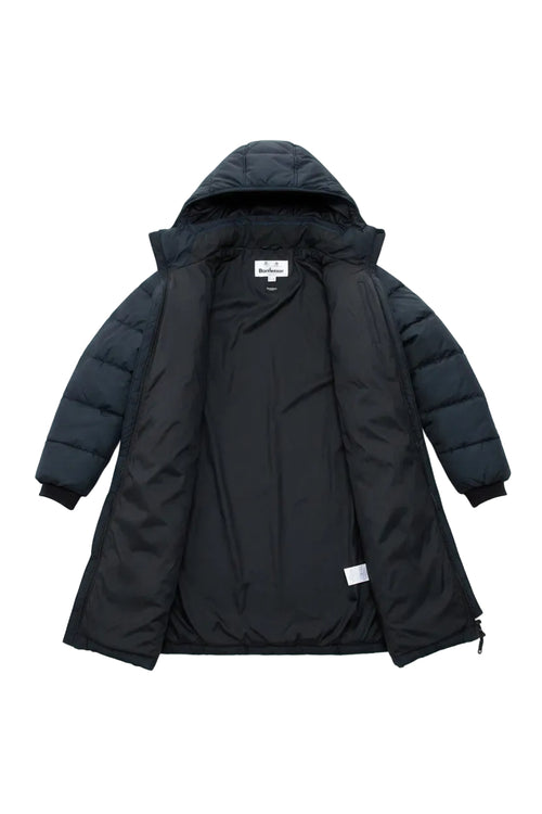 Black quilted hooded jacket with full zip, long sleeves, and snap button side pockets