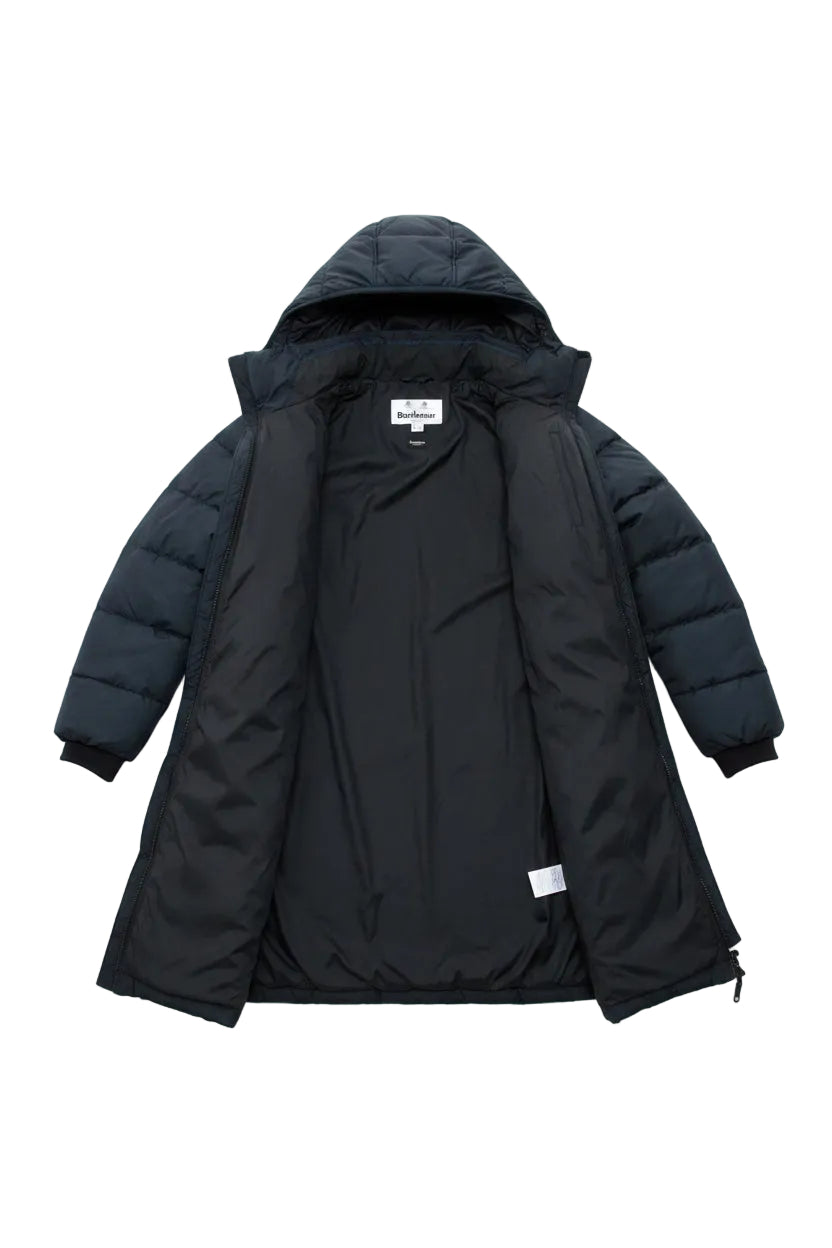 Black quilted hooded jacket with full zip, long sleeves, and snap button side pockets