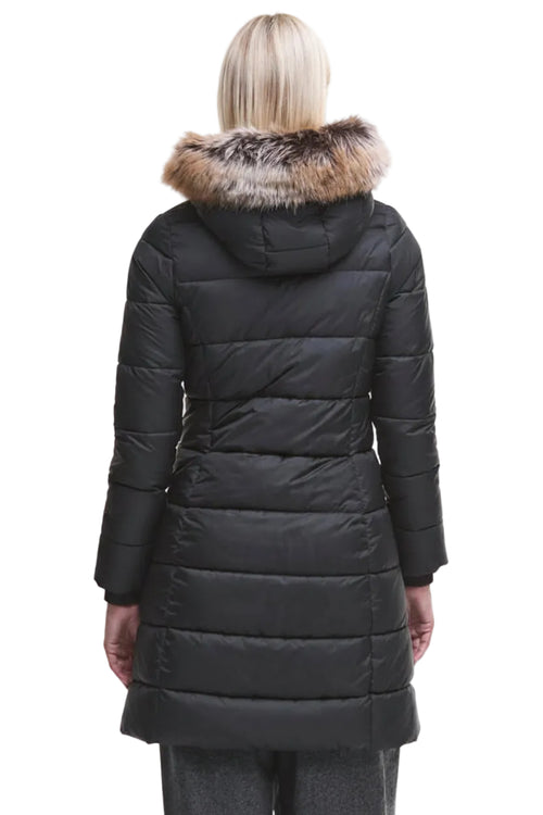 Black quilted hooded jacket back view with faux fur trim around the hood