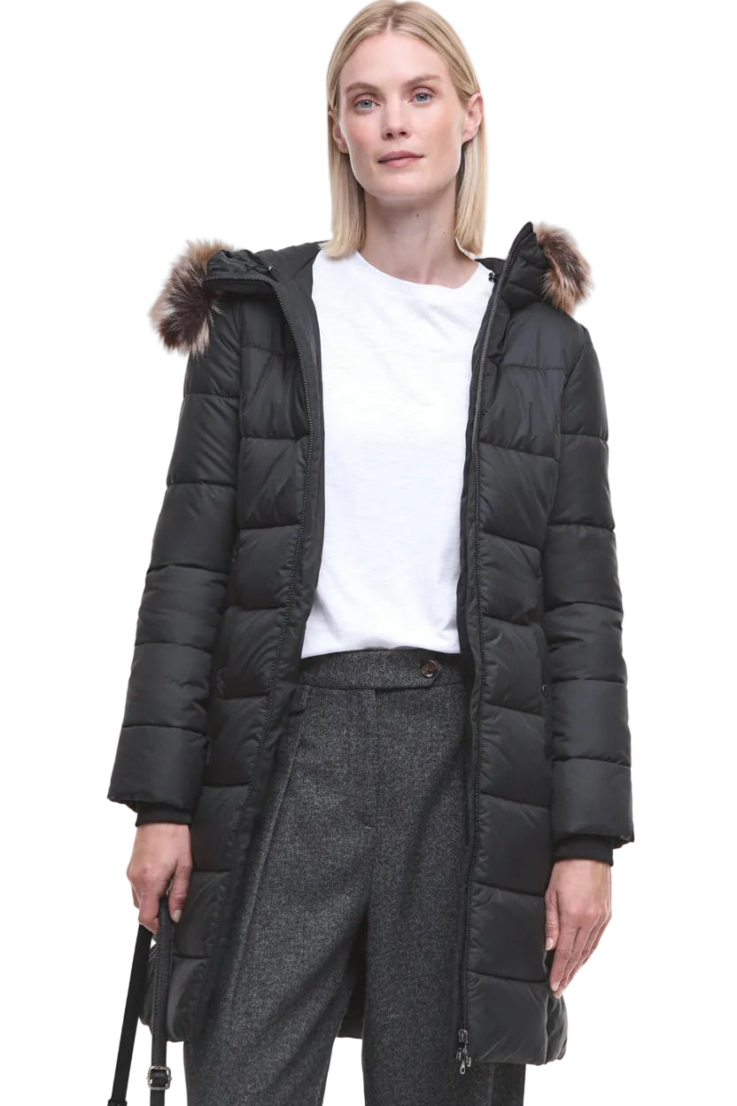 Black quilted hooded jacket with faux fur trim, front zip, and practical side pockets