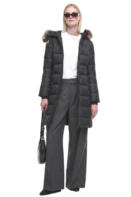 Black quilted hooded jacket worn open with faux fur trim and zip front