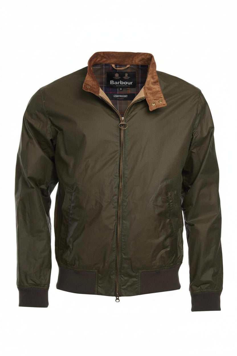 Olive waxed cotton jacket with brown corduroy collar, full zip, ribbed cuffs