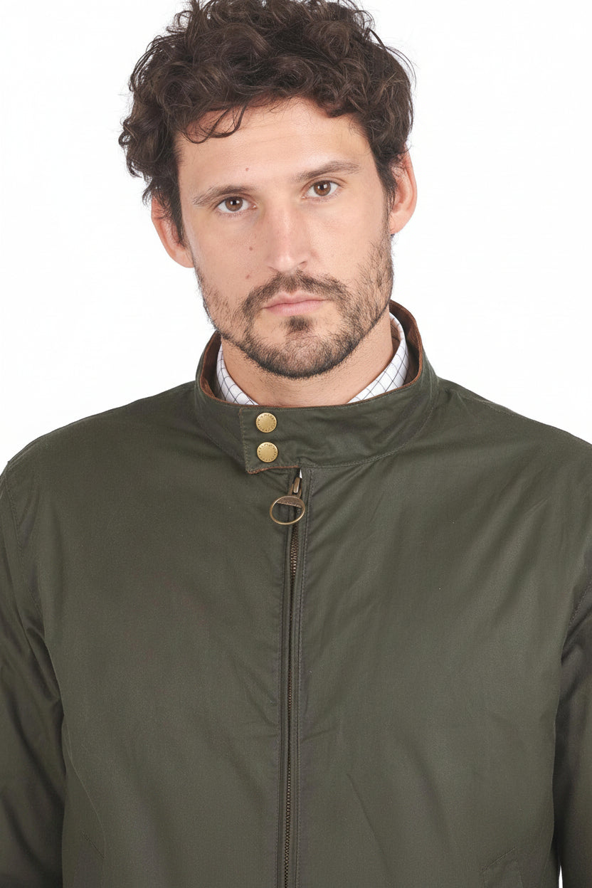 Olive Barbour waxed cotton jacket with stand collar and central zip