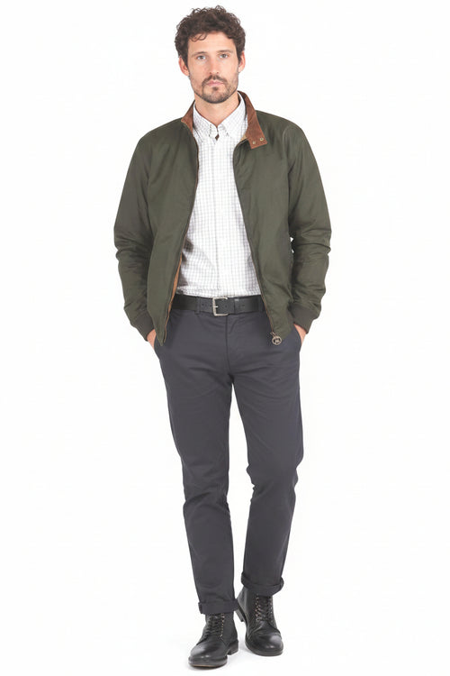 Olive waxed cotton jacket with full zip and brown cord collar