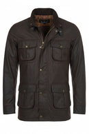 Dark brown wax jacket with zip front, stand collar, and four button pockets