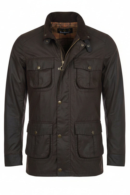 Dark brown wax jacket with zip front, stand collar, and four button pockets