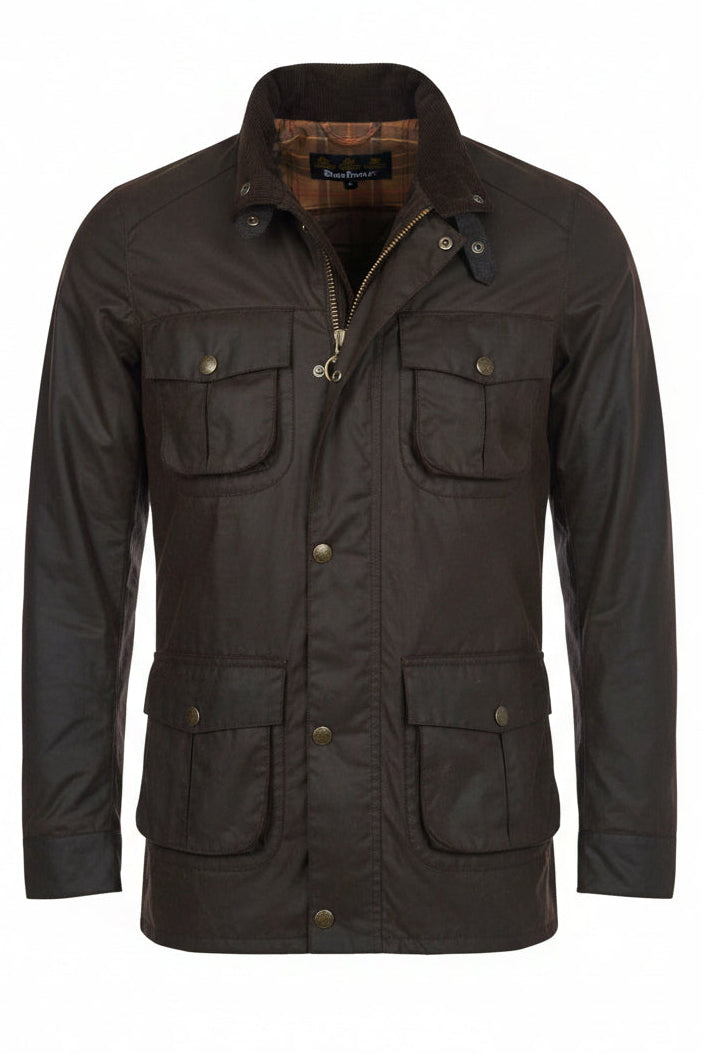 Dark brown wax jacket with zip front, stand collar, and four button pockets