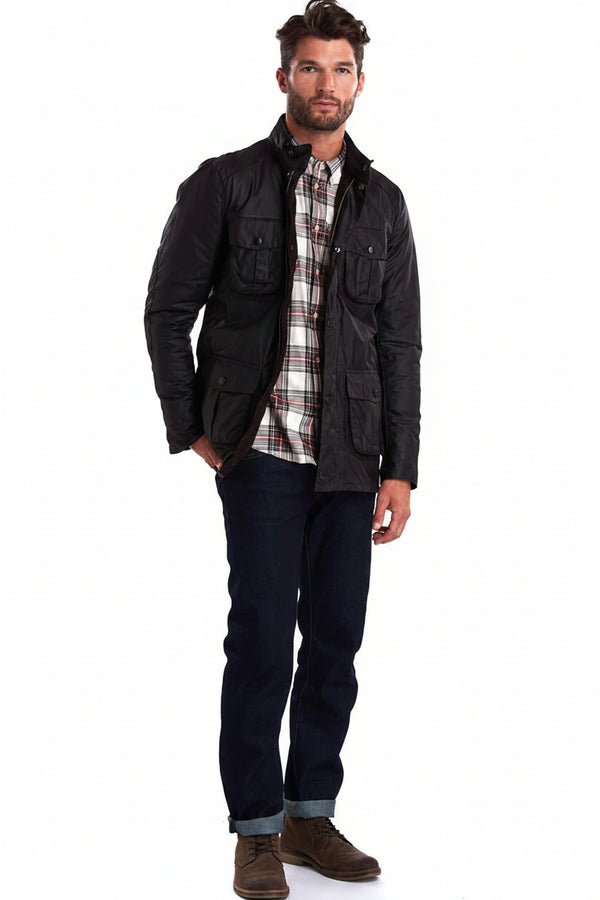 Black wax jacket with snap front, two chest pockets, and side entry pockets