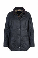 Women's black wax jacket, four-button front with chest patch pockets