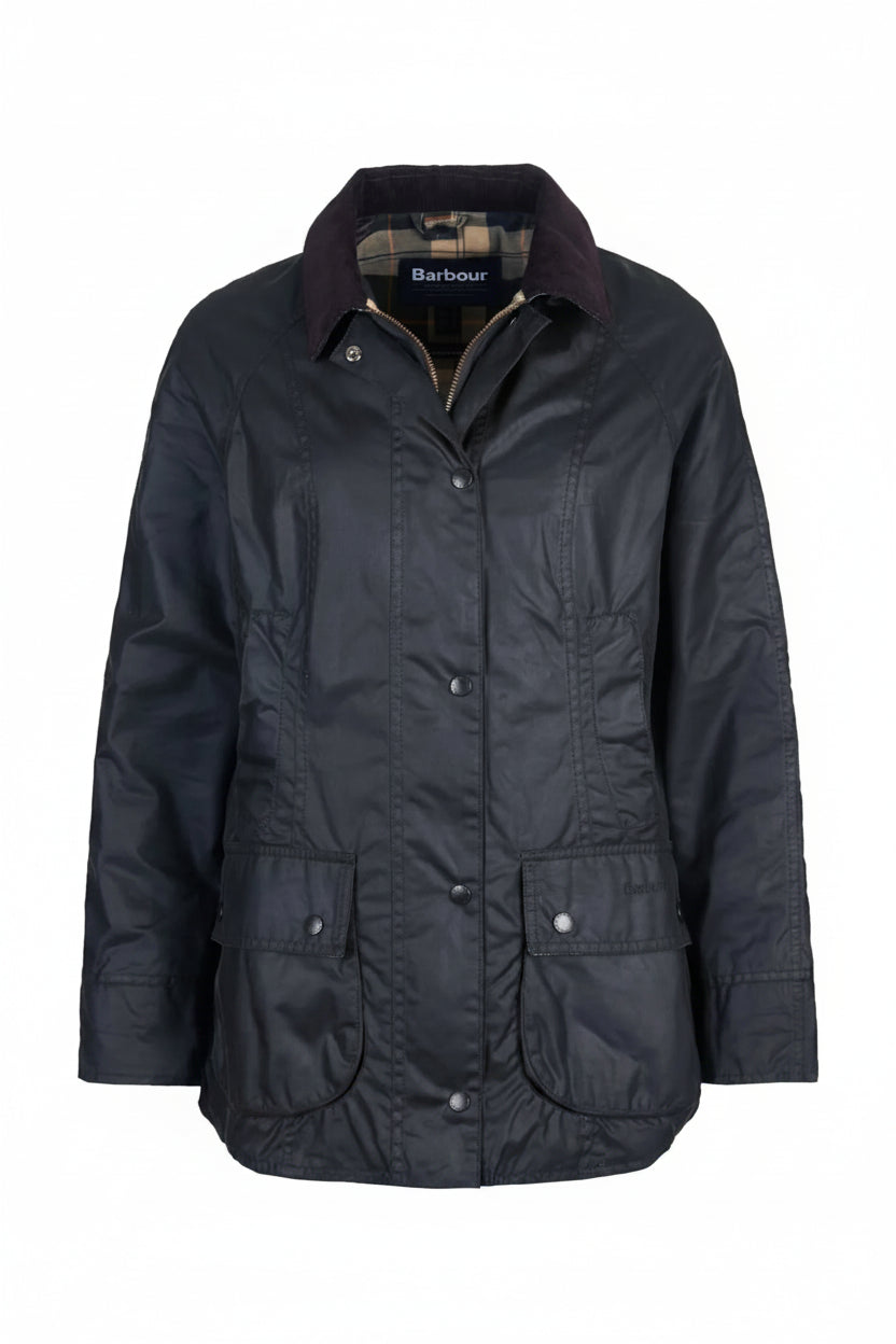 Women's black wax jacket, four-button front with chest patch pockets
