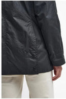 Women's black wax jacket sleeve with side button detail