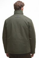 Olive waterproof jacket, back view with high collar and logo patch