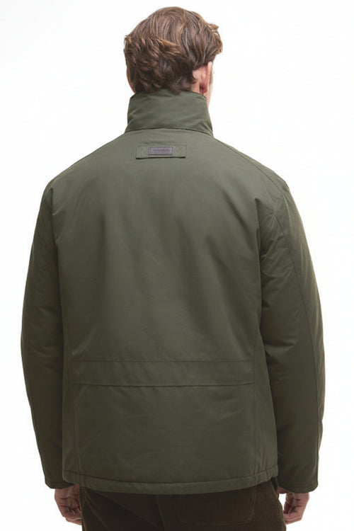 Olive waterproof jacket, back view with high collar and logo patch