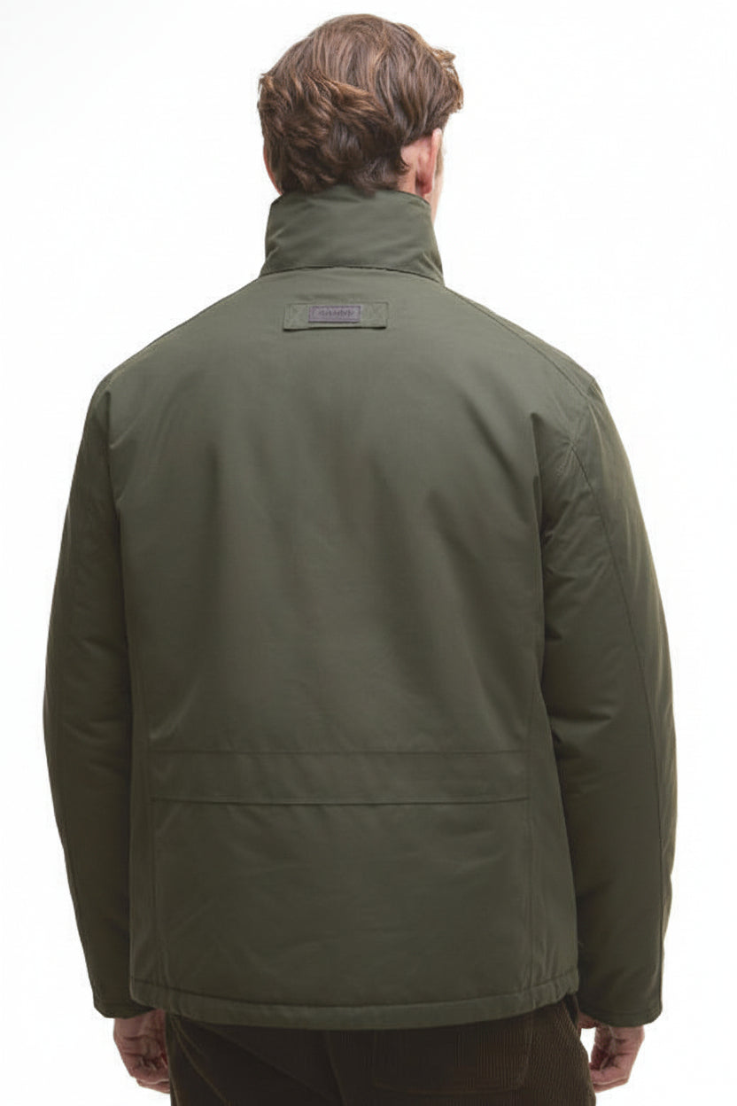Olive waterproof jacket, back view with high collar and logo patch