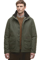 Olive waterproof jacket with zip front, snap buttons, and two chest pockets