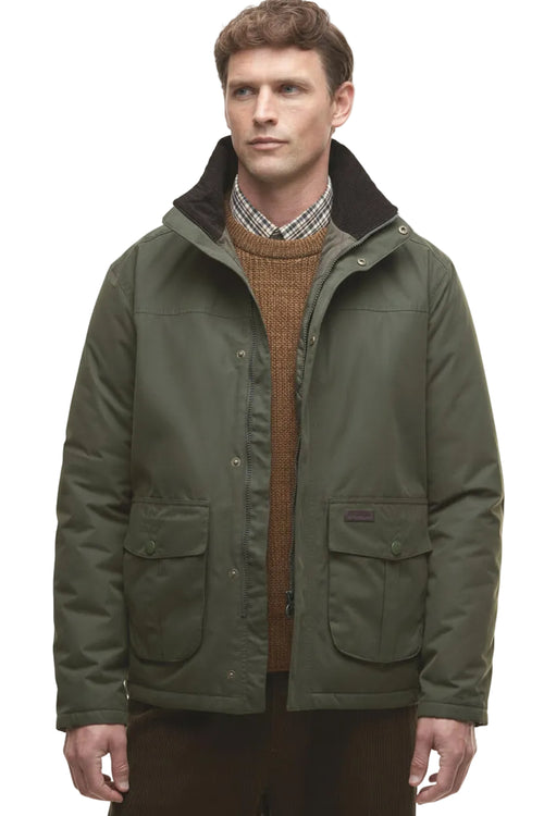 Olive waterproof jacket with zip front, snap buttons, and two chest pockets