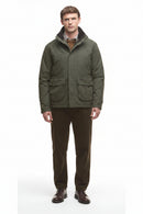 Olive waterproof jacket with stand collar, zip front, and two front pockets