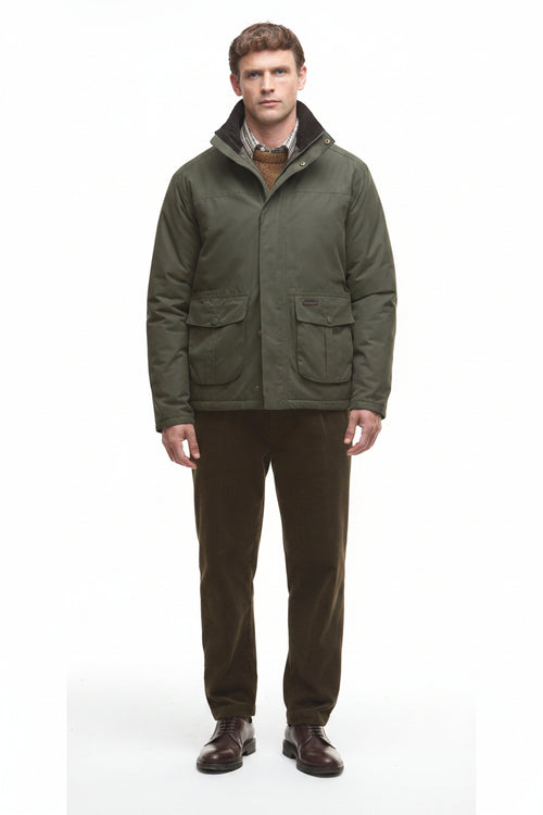 Olive waterproof jacket with stand collar, zip front, and two front pockets