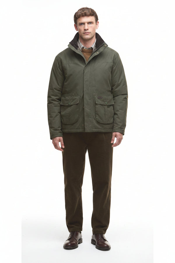 Olive waterproof jacket with stand collar, zip front, and two front pockets