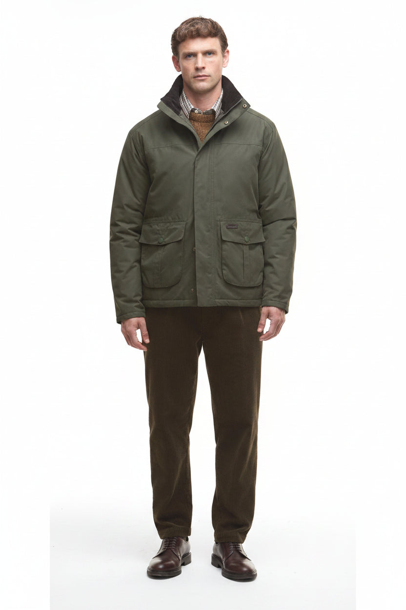 Olive waterproof jacket with stand collar, zip front, and two front pockets