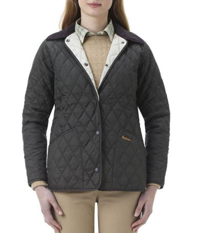 Barbour ladies quilt jacket with dark quilted body and stand collar