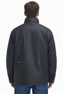 Men's waxed jacket, back view with stand collar and two side seam button pockets
