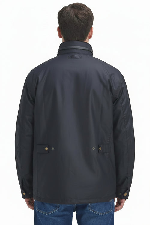 Men's waxed jacket, back view with stand collar and two side seam button pockets