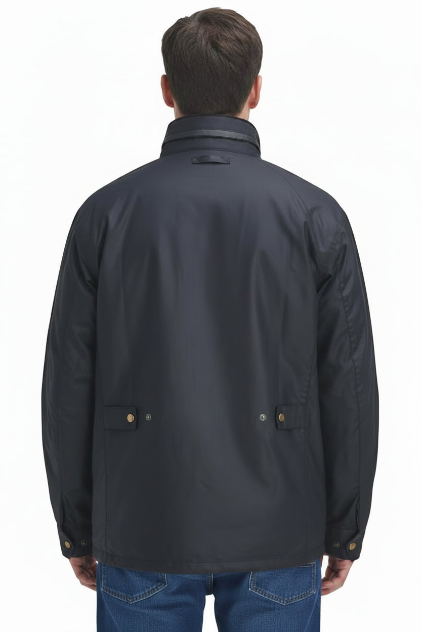 Men's waxed jacket, back view with stand collar and two side seam button pockets